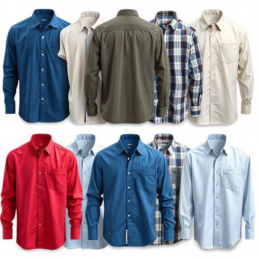 Camisas masculinas de manga longa e curta, em diversas cores e padrões.