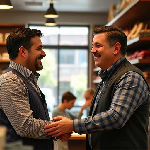Foto de Carlos Souza, gerente de vendas da Estilo Clássico, em uma loja, atendendo um cliente com um sorriso.