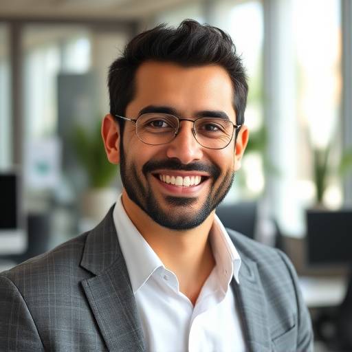 Foto de Roberto Almeida, fundador da Estilo Clássico, sorrindo em um ambiente de escritório.